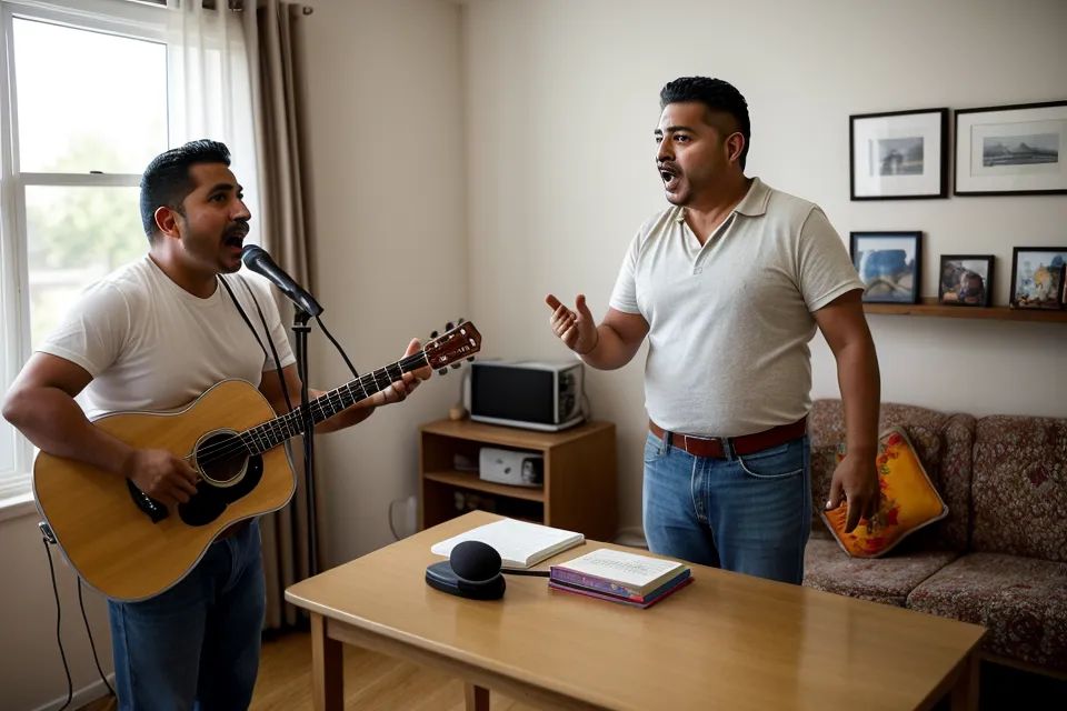 Rincón sencillo para practicar canto en casa, con laptop y agua, parte de la rutina de técnica vocal de un barítono amateur