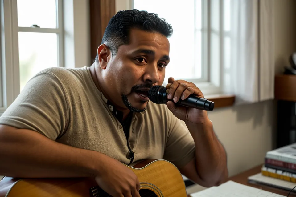Hombre adulto cantando con la mandíbula relajada, técnica vocal para afinar la voz sin tirones