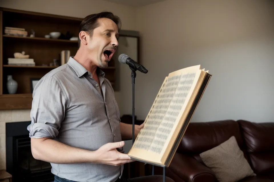 Hombre de mediana edad cantando en el coro parroquial con la técnica vocal aprendida en un curso de canto para adultos