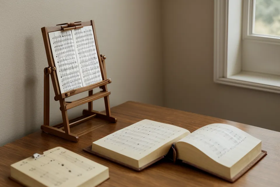 Atril de música sencillo con letras de canciones del coro parroquial