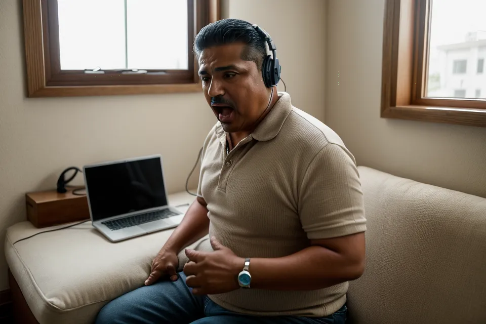 Hombre de barítono principiante practicando canto para adultos y técnica vocal básica después de los 40