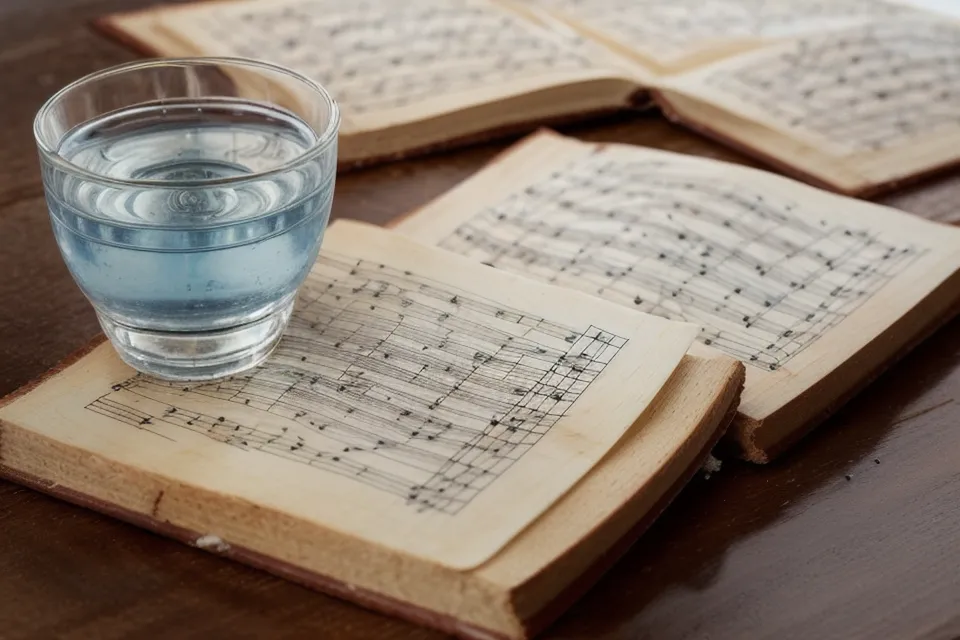 Libro de cantos y vaso de agua sobre la mesa antes del ensayo de coro parroquial