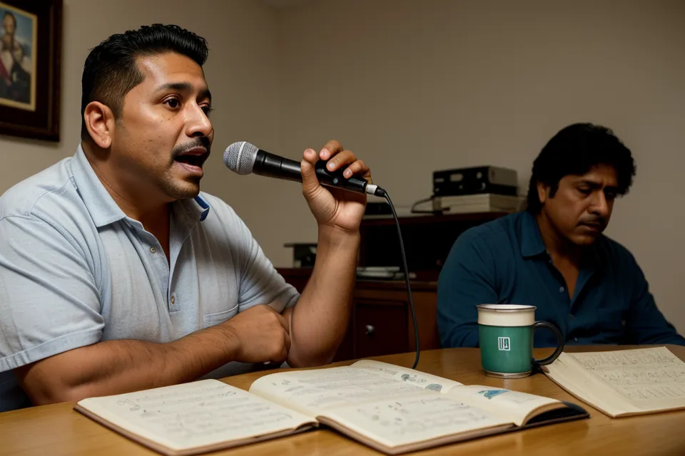 Barítono principiante cantando en el coro de la parroquia con seguridad