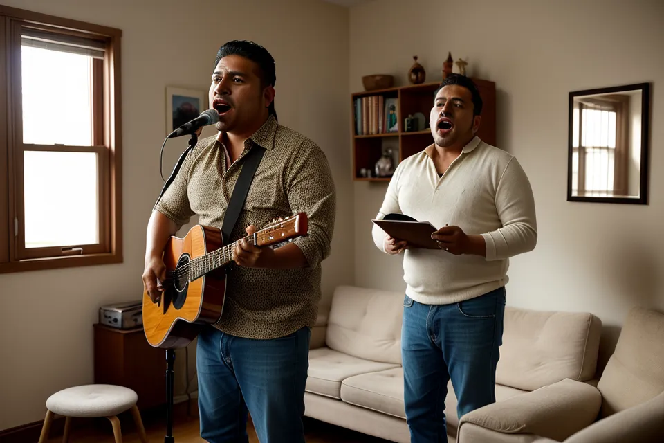 Atril sencillo con ejercicios de escalas vocales y un vaso de agua.